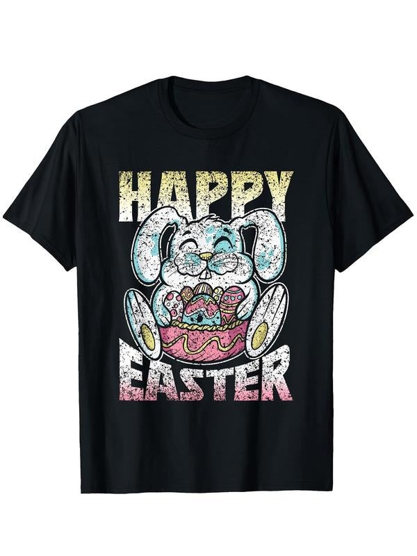 Men's Letter & Easter Egg Print Round Neck Tee, Casual Loose Short Sleeve T-shirt for Summer, Men's Top for Daily Wear,...