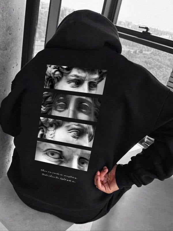 Letter & Eye Print Drop Shoulder Casual Regular Fit Drawstring Pocket Hooded Daily Outdoor Clothes Fall & Winter T-Shirts, Hoodie, Sweatshirt