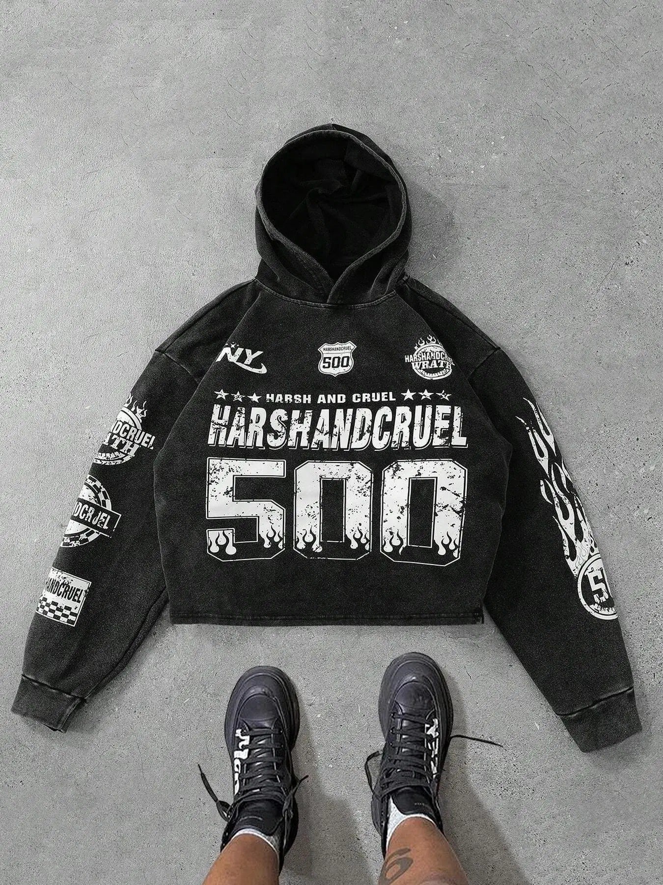Men's Letter & Figure Print Washed Distressed Hoodie, Regular Fit Street Fashion Casual Comfy Long Sleeve Hooded...