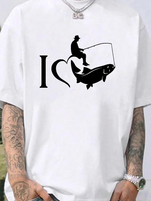 Men's Letter & Fisherman Print Round Neck Tee, Casual Loose Short Sleeve Crew Neck T-shirt for Summer, Fashion Men's Top...