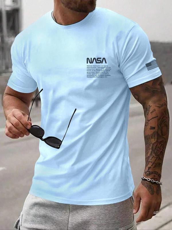 Men's Letter & Flag Print Round Neck Tee, Regular Fit Casual Short Sleeve Crew Neck T-shirt for Summer, Fashion Men's Top...