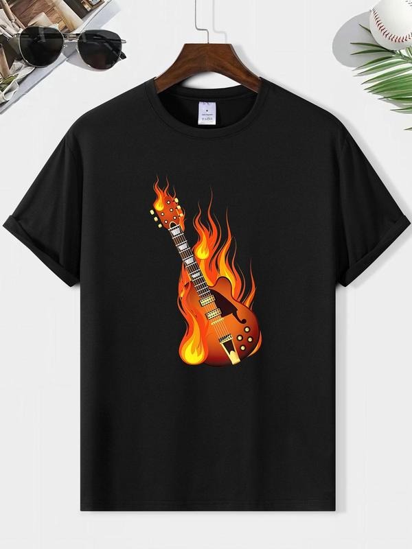 Men's Letter & Guitar Print Round Neck Tee, Loose Casual Fashion Short Sleeve T-shirt for Summer, Men's Top for Daily...