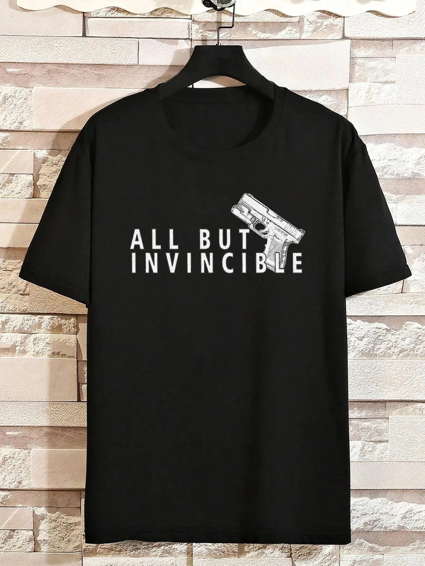 Men's Letter & Gun Print Drop Shoulder Graphic Tee, Regular Fit Casual Short Sleeve Round Neck T-shirt for Summer, Men's...