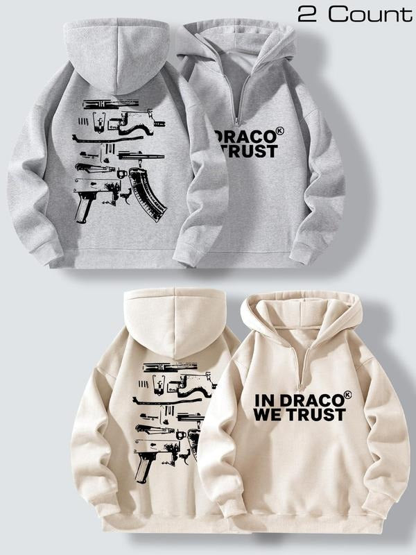 Men's Letter & Gun Print Hoodies, Casual Loose Long Sleeve Hooded Sweatshirt for Fall & Winter, Men's Top for Daily Wear...
