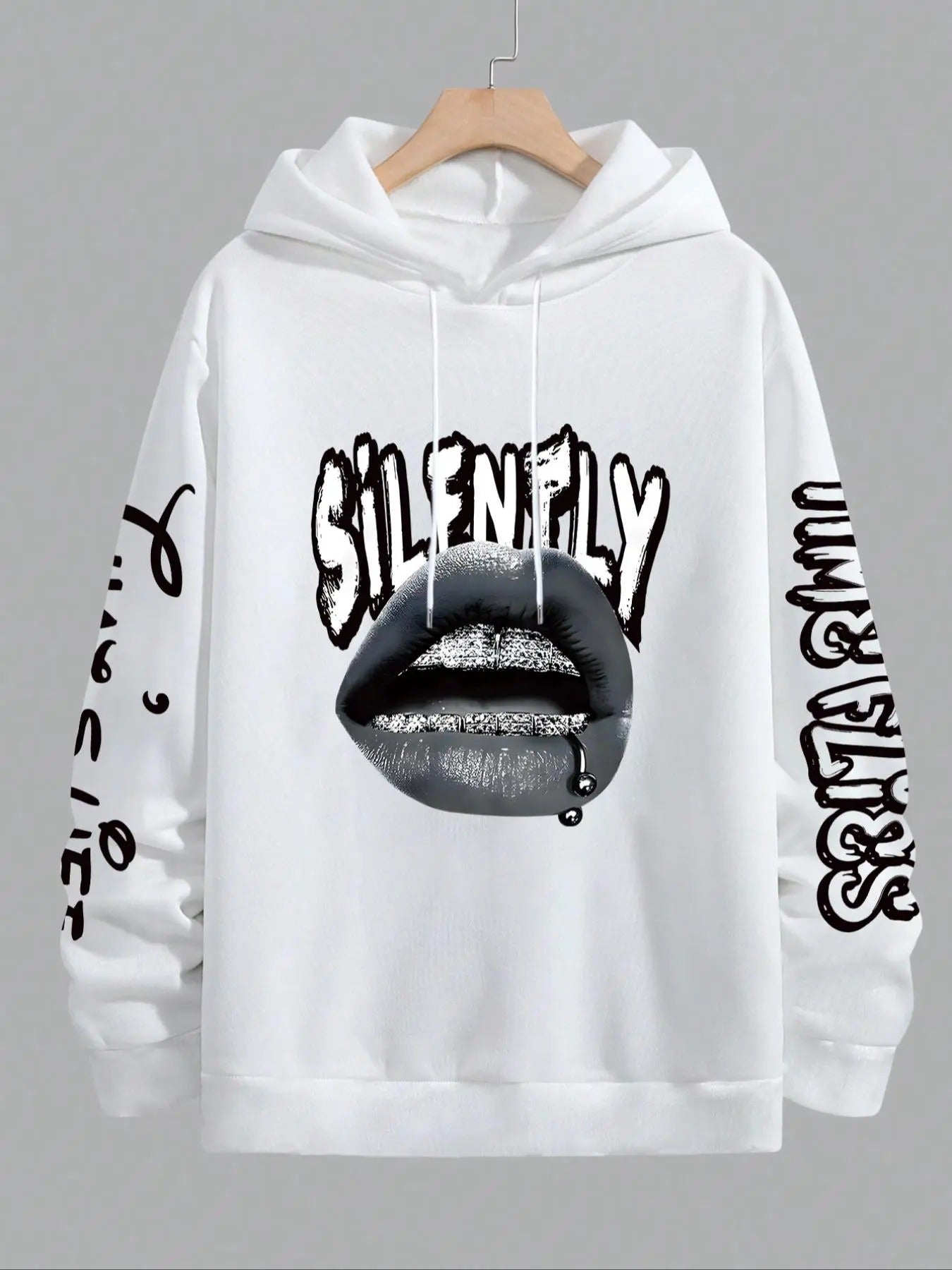 Men's Letter & Lip Print Drop Shoulder Hoodie, Fashion Casual Regular Fit Drawstring Hooded Sweatshirt for Daily Holiday...