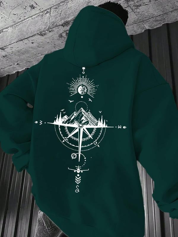 Men's Letter & Mountain Print Hoodie, Casual Regular Fit Long Sleeve Hooded Sweatshirt for Winter, Men's Top for Daily...