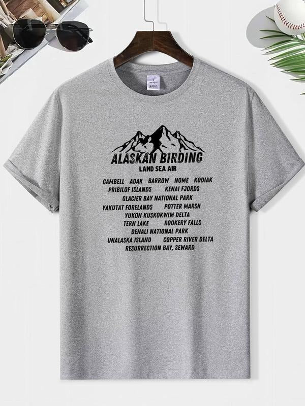 Men's Letter & Mountain Print Round Neck Tee, Loose Casual Comfy  Short Sleeve Crew Neck T-shirt for Summer, Fashion...