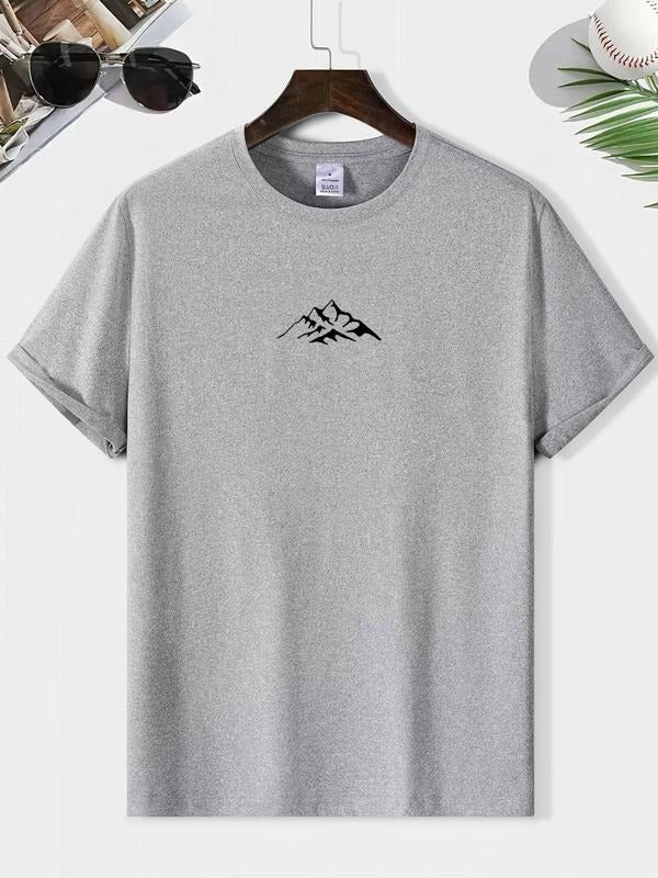Men's Letter & Mountain Print Round Neck Tee, Loose Casual Short Sleeve Crew Neck T-shirt for Summer, Fashion Men's Top...