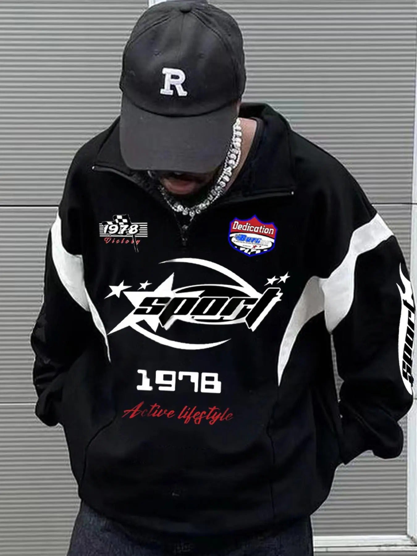 Men's Letter & Number Print Zip Up Sweatshirt, Casual Regular Fit Long Sleeve Drop Shoulder Stand Collar Sweatshirt for...