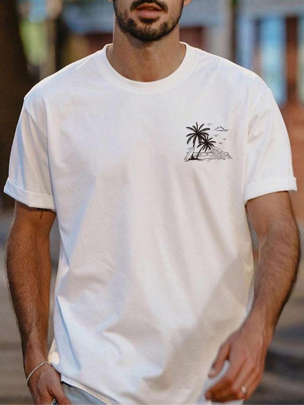 Men's Letter & Palm Tree Print Round Neck Tee, Loose Casual Short Sleeve Crew Neck T-Shirt for Summer, Fashion Men's Top...