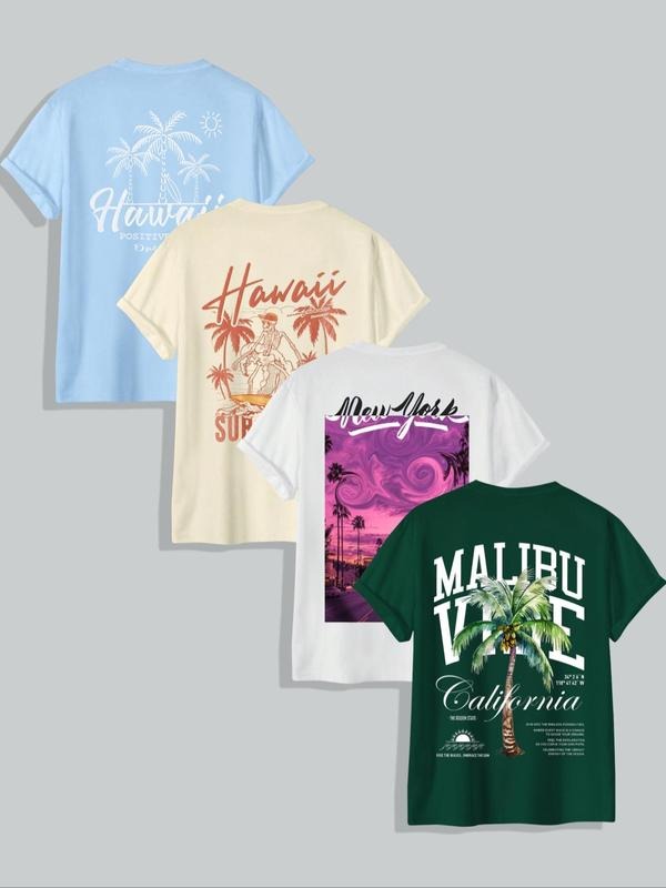 Men's Letter & Palm Tree Print Round Neck Tee, Regular Fit Casual Short Sleeve T-Shirt for Summer, Men's Top for Daily...