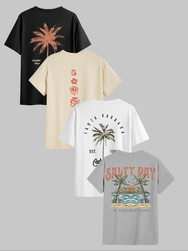 Men's Letter & Palm Tree Print Short Sleeve Loungewear Tee, Casual Comfy Round Neck T-shirt for Daily Wear, Men's...
