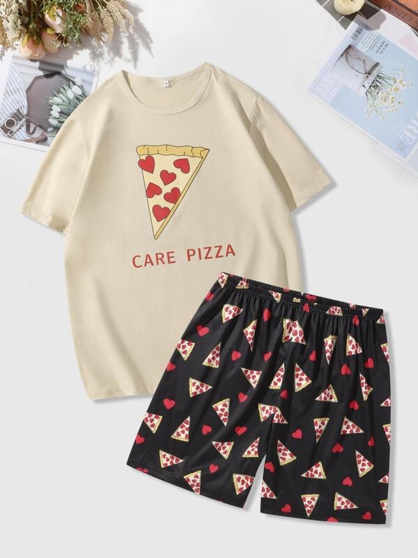 Men's Letter & Pizza Print Tee & Elastic Waist Shorts Pyjama Set, Crew Neck Short Sleeve T-Shirt & Shorts PJ Set, Comfy...