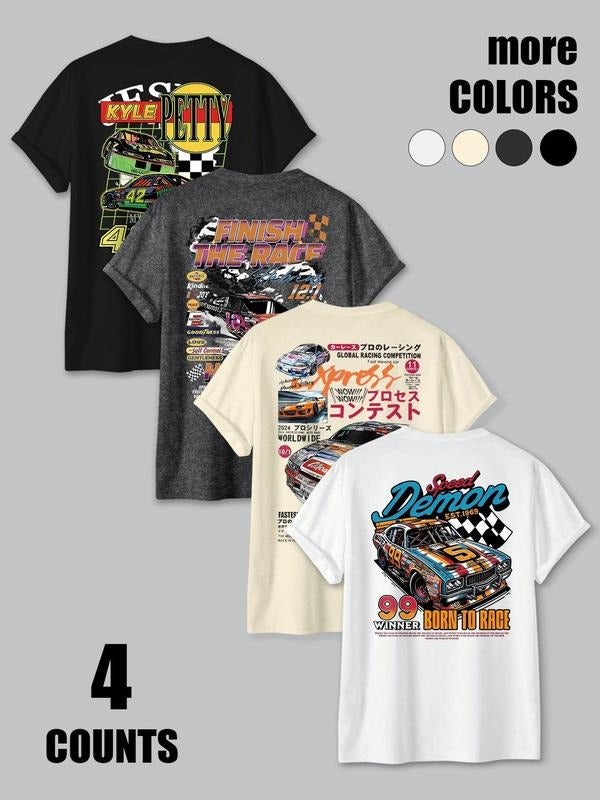 Men's Letter & Race Car Print Round Neck Tee, Regular Fit Casual Short Sleeve T-shirt for Summer, Men's Top for Daily...