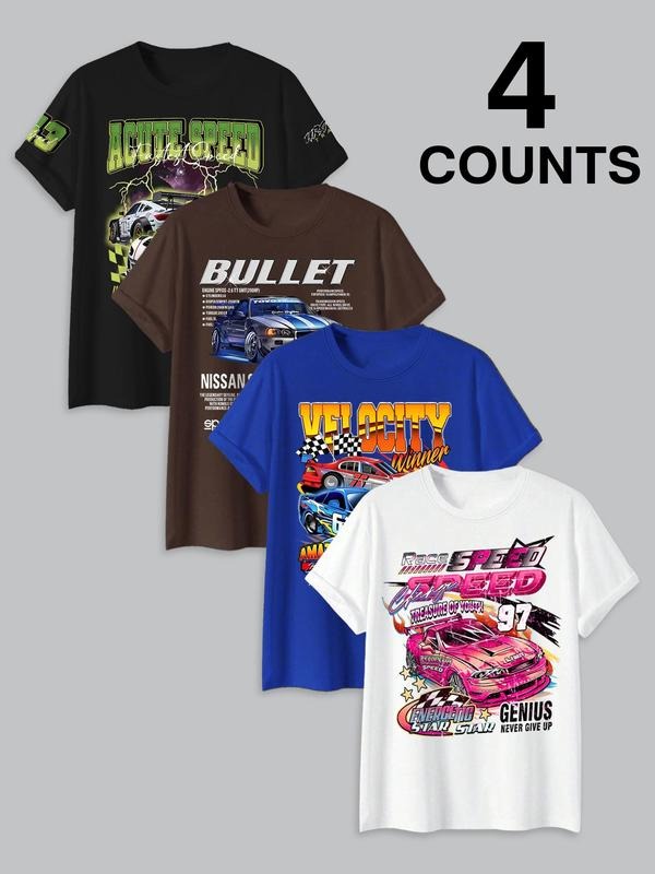 Men's Letter & Racing Print Round Neck Graphic Tee, Loose Casual Short Sleeve T-shirt for Summer, Men's Top for Daily...