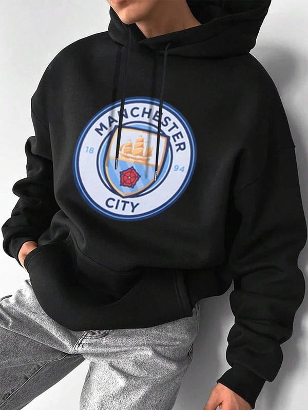 Men's Letter & Ship Print Drop Shoulder Hoodie, Fashion Casual Loose Drawstring Pocket Hooded Sweatshirt for Daily...