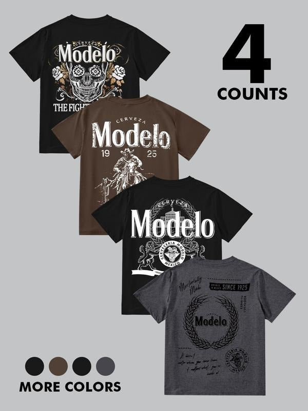 Men's Letter & Skull Print Round Neck Tee, Regular Fit Casual Short Sleeve T-shirt for Summer, Men's Top for Daily Wear,...