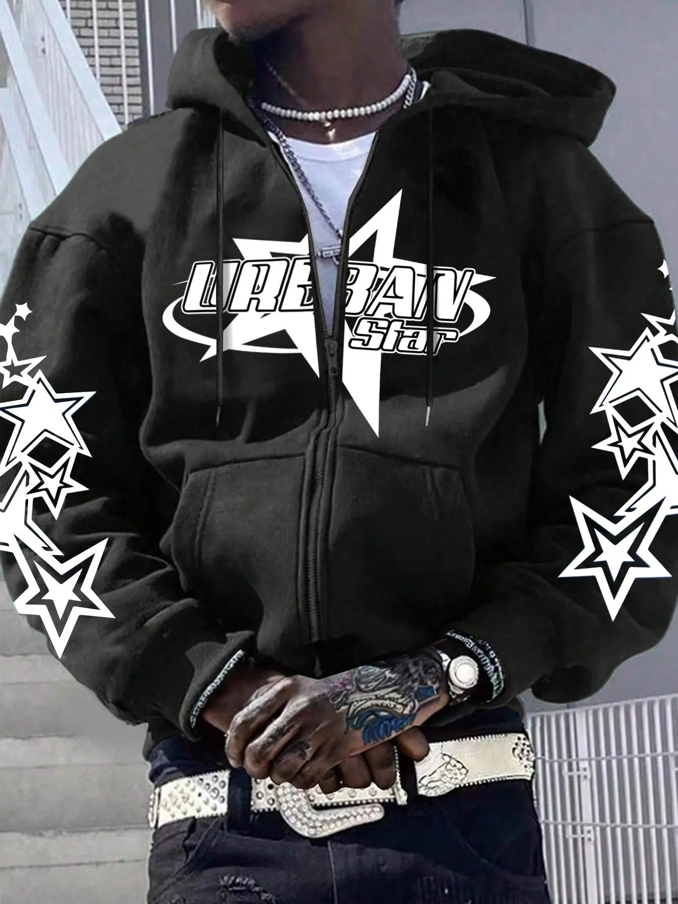 Men's Letter & Star Print Drop Shoulder Zip Up Hoodie, Fashion Casual Regular Fit Drawstring Pocket Hooded Sweatshirt for...
