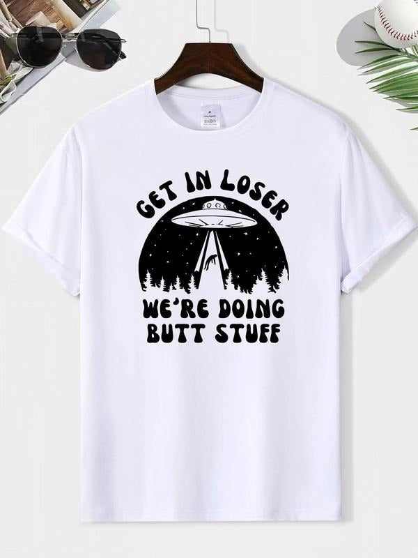 Men's Letter & UFO Print Round Neck Tee, Loose Casual Short Sleeve T-shirt for Summer, Men's Top for Daily Wear Hoodie,...