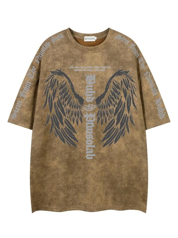 Men's Letter & Wing Print Vintage Wash Tee, Loose Casual Retro Short Sleeve T-shirt for Summer, Men's Top for Daily Wear,...