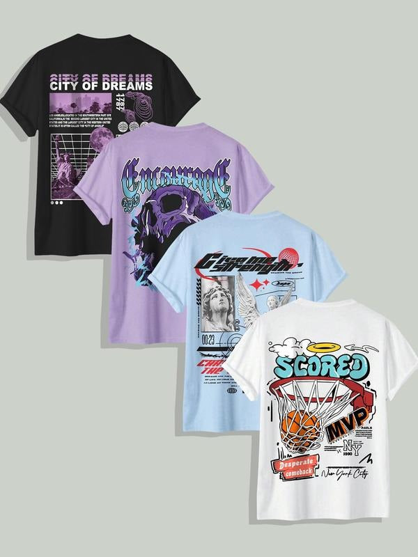 Men's Letter Cartoon Graphic Round Neck Tee, Fashion Regular Fit Casual Short Sleeve T-shirt, Summer Top for Daily Wear...