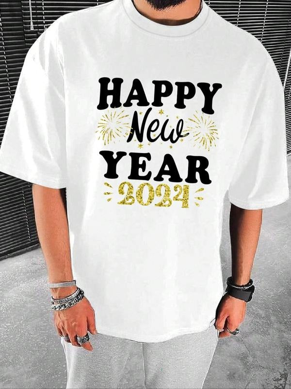 Men's Letter Graphic Print Round Neck Drop Shoulder Tee, Fashion Crew Neck Short Sleeve T-Shirt for Men, Casual Comfy...