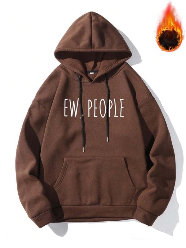 Men's Letter Print Drop Shoulder Hoodie, Fashion Casual Loose Long Sleeve Drawstring Pocket Hooded Sweatshirt for Daily...