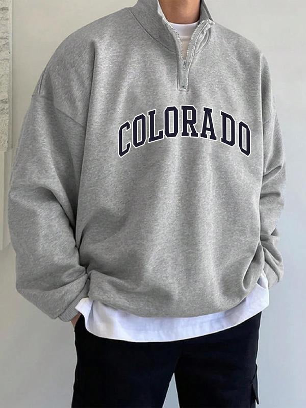 Men's Letter Print Drop Shoulder Zipper Sweatshirt, Regular Fit Casual Long Sleeve Stand Collar Pullover for Fall &...