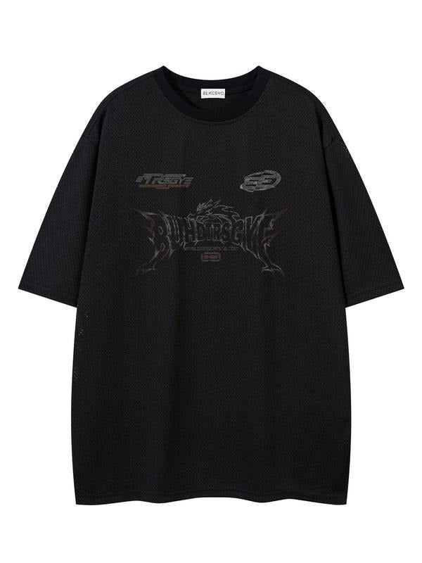Men's Letter Print Round Neck Half Sleeve Tee, Loose Casual Comfy Mesh Breathable Quick Drying Crew Neck T-shirt for...