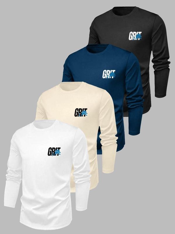 Men's Letter Print Round Neck Long Sleeve Tee, Casual Crew Neck T-shirt for Spring, Fashion Men's Top for Daily Wear...