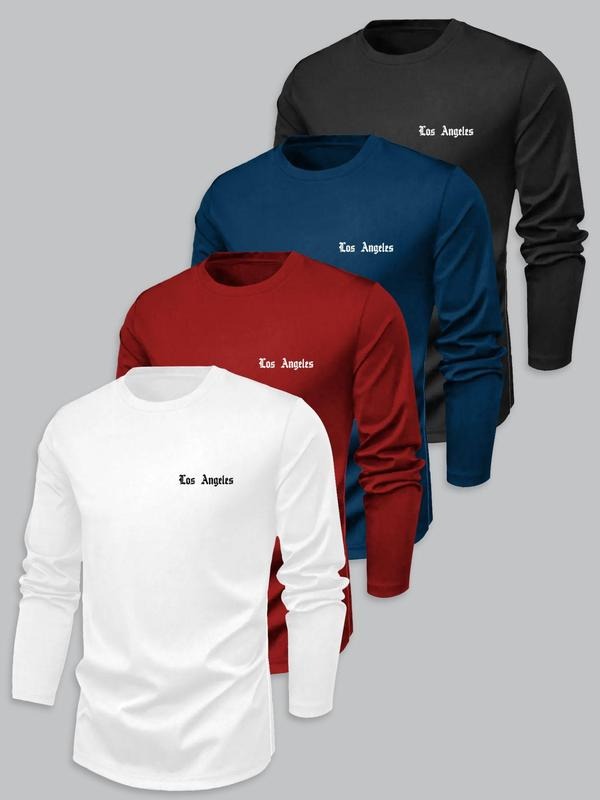 Men's Letter Print Round Neck Long Sleeve Tee, Casual Crew Neck T-shirt for Spring, Men's Top for Daily Wear Hoodie,...