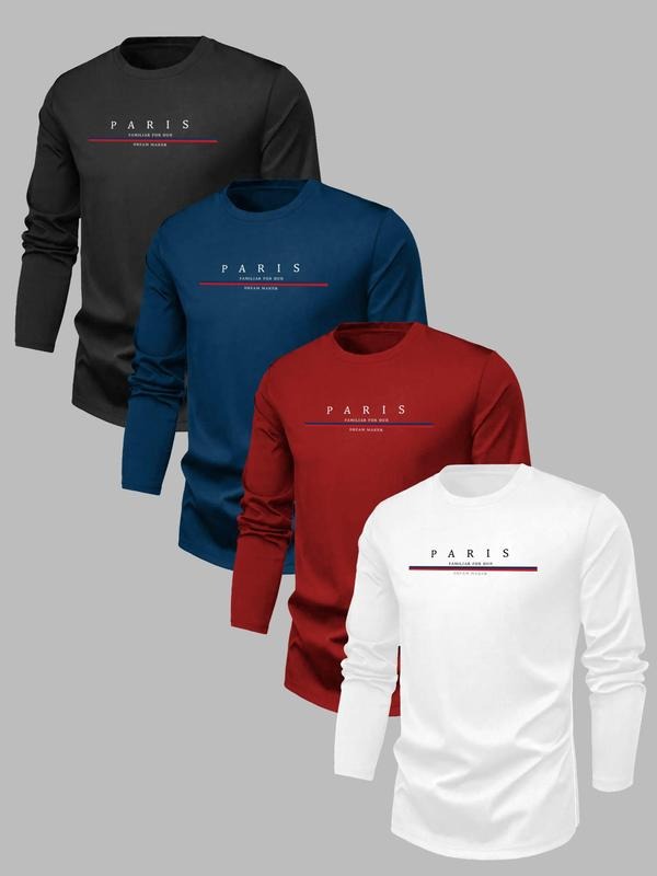 Men's Letter Print Round Neck Long Sleeve Tee, Regular Fit Casual Crew Neck T-shirt for Spring & Fall, Men's Top for...