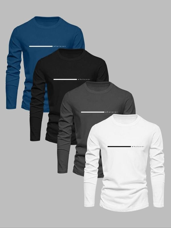 Men's Letter Print Round Neck Long Sleeve Tee, Regular Fit Casual Crew Neck T-shirt for Spring, Men's Top for Daily Wear...