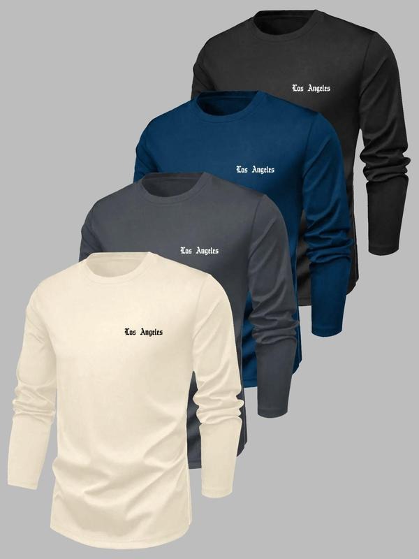 Men's Letter Print Round Neck Long Sleeve Tee, Regular Fit Casual Crew Neck T-shirt for Spring, Men's Top for Daily Wear...