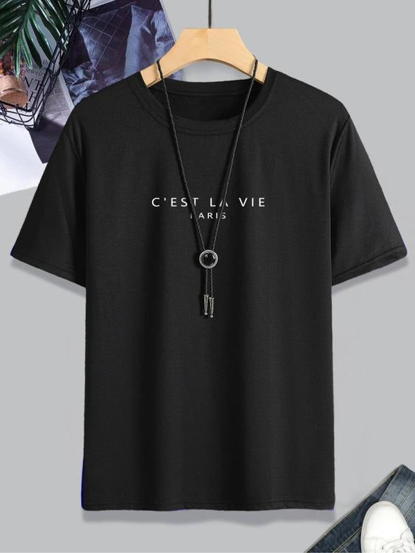 Men's Letter Print Round Neck Tee without Necklace, Regular Fit Crew Neck Short Sleeve T-shirt for Men, Casual Comfy...