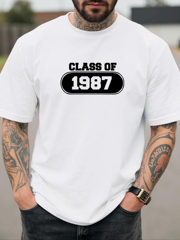 Men's Letter Print Round Neck Tee, Regular Fit Casual Short Sleeve Crew Neck T-Shirt for Daily Wear, Men's Top for All...