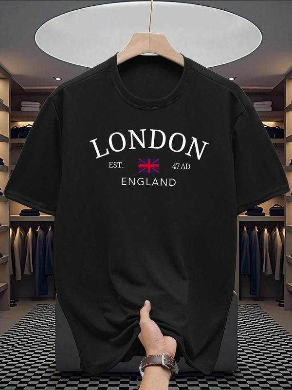 Men's Letter Print Round Neck Tee, Regular Fit Casual Short Sleeve Crew Neck T-Shirt for Summer, Fashion Men's Top for...