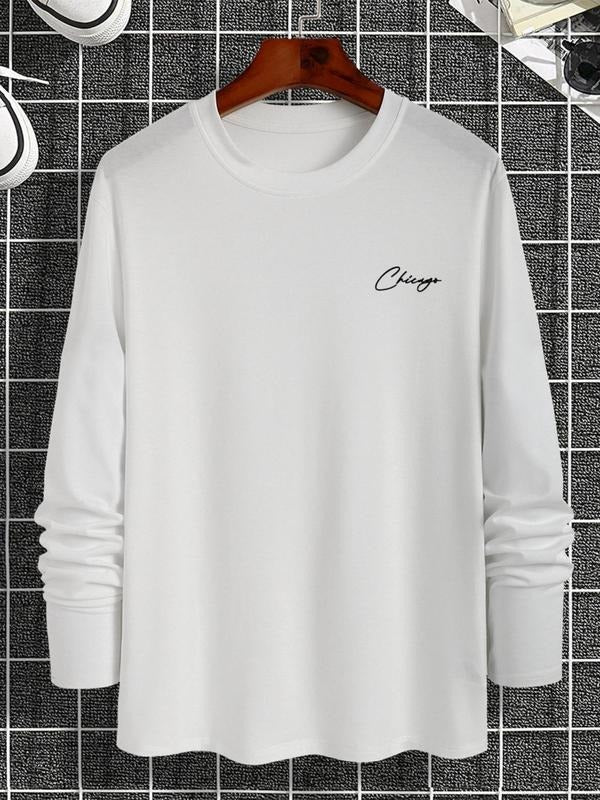 Men's Letter Print Round Neck Tee, Regular Fit Long Sleeve Crew Neck T-Shirt, Casual Men's Top For Spring Hoodie, Sweatshirt