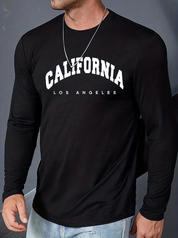 Men's Letter Print Round Neck Tee, Regular Fit Long Sleeve Crew Neck T-Shirt, Casual Men's Top for Spring & Fall Hoodie,...