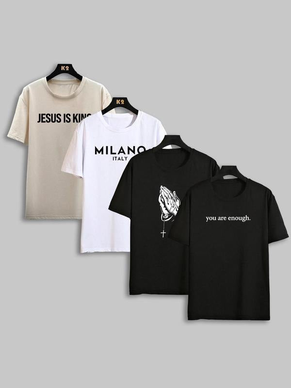 Men's Letter Print Round Neck Tee, Regular Fit Street Fashion Short Sleeve T-shirt for Daily Wear, Casual Comfy Knitting...