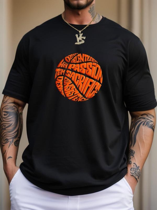 Men's Letter Print Round Neck Tee, Summer Clothes Regular Fit Casual Soft Comfortable Basketball Print Short Sleeve...