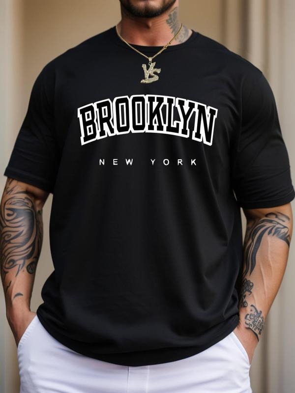 Men's Letter Print Round Neck Tee, Summer Clothes Regular Fit Short Sleeve Crew Neck T-Shirt for Summer, Men's Top for...