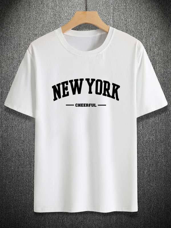 Men's Letter Print Round Neck Tee, Summer Clothes Regular Fit Short Sleeve Crew Neck T-shirt for Daily Wear, Casual Soft...