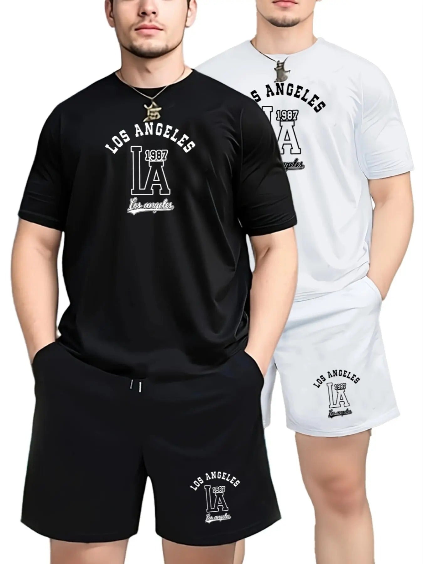Men's Letter Print Short Sleeve Tee & Shorts Set, Casual Round Neck T-shirt & Track Shorts, Two-piece Outfits for Men...