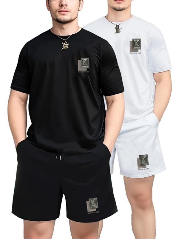 Men's Letter Print Short Sleeve Tee & Shorts Set, Casual Round Neck T-shirt & Track Shorts, Two-piece Outfits for Men...