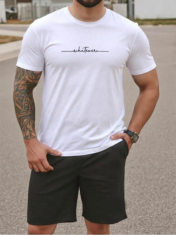 Men's Letter Print Short Sleeve Tee & Shorts Set, Regular Fit Casual Round Neck T-shirt & Track Shorts, Men's Summer...