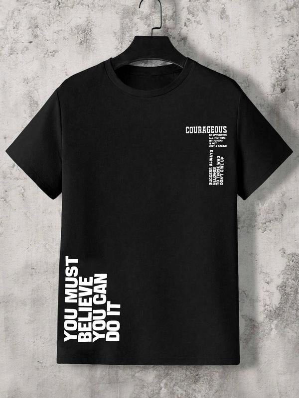 Men's Letter Print Side Stripe Round Neck Tee, Regular Fit Casual Short Sleeve Crew Neck T-Shirt for Summer, Fashion...