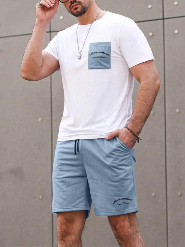 Men's Letter Print Tee & Pocket Shorts Set, Regular Fit Casual Short Sleeve T-shirt & Track Shorts, Men's Summer Clothes...