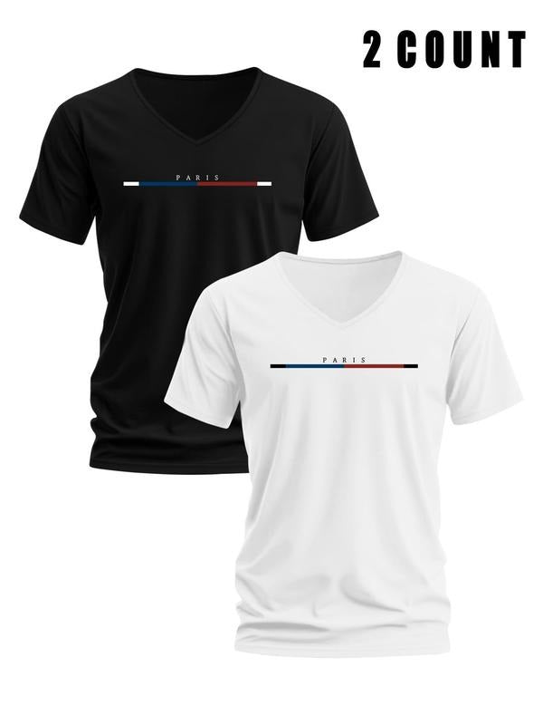 Men's Letter Print V Neck Tee, Regular Fit Casual Short Sleeve T-shirt for Summer, Men's Top for Daily Wear, Tropical...