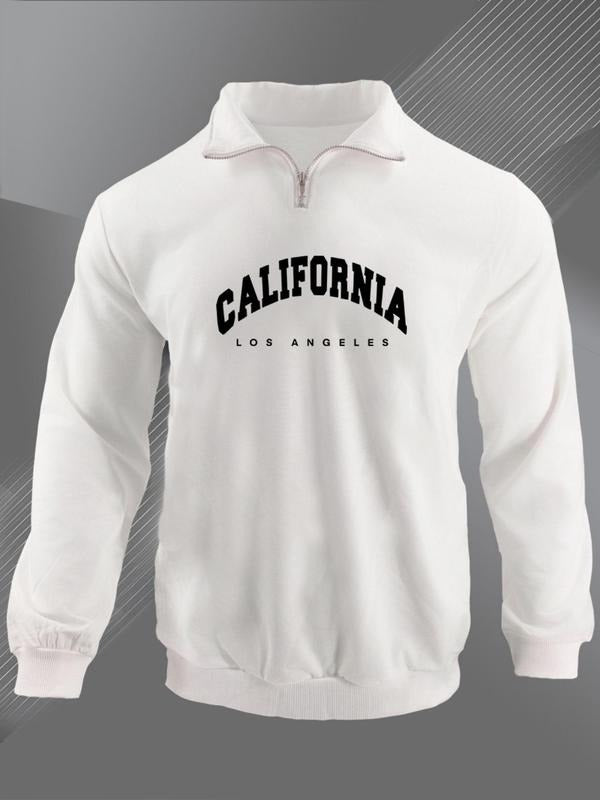 Men's Letter Print Zip Up Sweatshirt, Casual Regular Fit Long Sleeve Stand Collar Pullover for Fall & Winter, Men's...